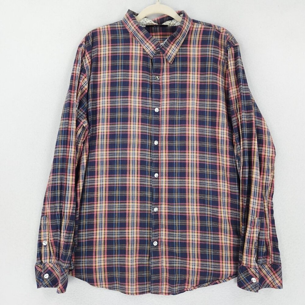 Mambo Shirt Mens Extra Large Navy Blue Pink Plaid Lightweight Button Front